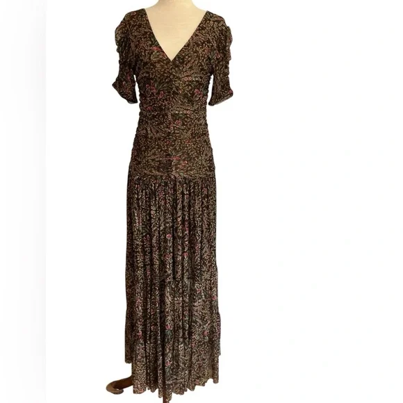 MISA Rebecca Tiered Ruched Floral Chiffon Dress Short Sleeve Size Small - Picture 4 of 15